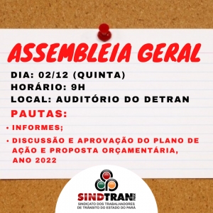 ASSEMBLEIA GERAL ORDINÁRIA DO SINDTRAN DO DIA 02/12/21