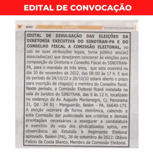 EDITAL DE CONVOCAÇÃO - ELEIÇÃO SINDTRAN-PA 2022
